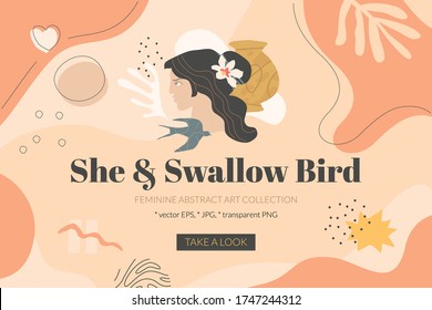 She and Swallow Bird banner template with female greek profile, swallow bird, and abstract shapes. Modern design in terracotta shades for blog, invitations, web design. Vector art.