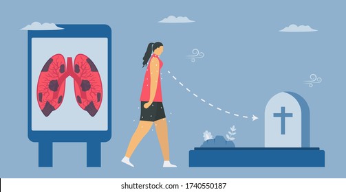 She is tried and going to die with chronic obstructive pulmonary disease or COPD. Lung have breathing problems and poor airflow. Vector illustration in flat design.