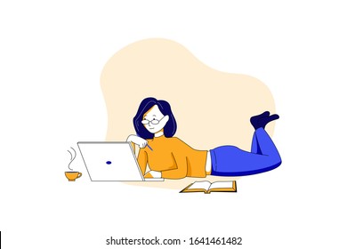 She using laptop and learning online. Can use for web banner, mobile app, hero images. Flat vector illustration on white background.