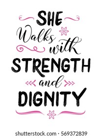 She walks with Strength and Dignity Typography Art bible verse scripture poster from Proverbs 31 with design ornaments and accents, pink and black on white background