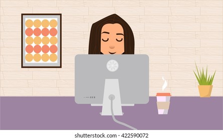 She works at the table . Business cartoon hero .
