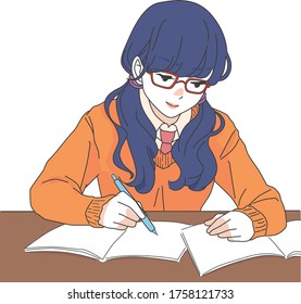she is writing and studying