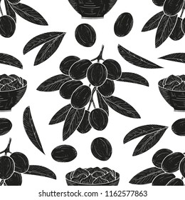 Shea. Branch, Leaves, Fruit. Bowl, Cream. Black Silhouette On White Background. Wallpaper, Seamless, Texture.