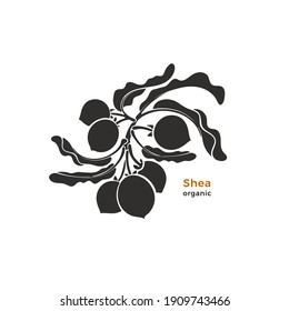 Shea branch print. Vector silhouette of nuts, leaves. Nature symbol. Black shape isolated on white background. Natural food, organic essential butter, tropical product