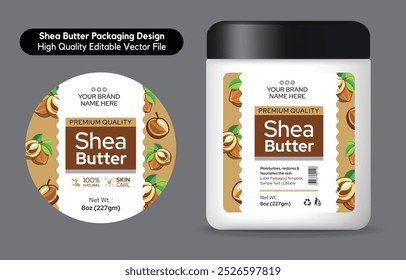 Shea butter label design, Shea butter Jar packaging design, Skin care cream cosmetic product label design, editable vector illustration template