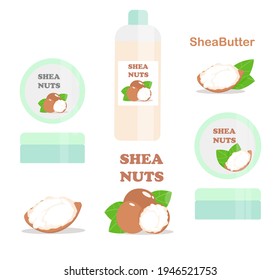 shea butter nut on an isolated background.label on a jar of cream with an inscription and a picture of shea butter in the style of flat with green leaves. hair and body care oil