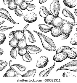 Shea butter vector seamless pattern drawing. Isolated vintage background with berry, nuts, branch. Organic essential oil engraved style sketch. Beauty, spa, cosmetic ingredient. For packaging design. svg