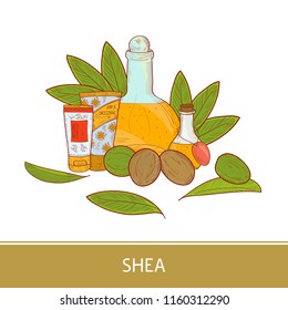 Shea. Leaves, fruit. Bottle, butter, cream, tube. Sketch. Color pattern.