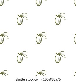 Shea nut green seamless pattern on white background. vitellaria beauty and cosmetics ornament. Cosmetic ingredient wallpaper. Nutritional oil for skin care. Vector flat illustration. 