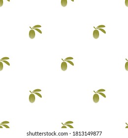 Shea nut green seamless pattern on white background. vitellaria beauty and cosmetics ornament. Cosmetic ingredient wallpaper. Nutritional oil for skin care. Vector flat illustration. 