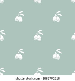 Shea nut green seamless pattern on powder blue background. vitellaria beauty and cosmetics ornament. Cosmetic ingredient wallpaper. Nutritional oil for skin care. Vector flat illustration. 