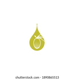 Shea Nut  With Oil Drop Green Icon. Vitellaria Beauty And Cosmetics Oil. Cosmetic Ingredient Carotene, Carotin. Shea Butter For Skin Care. Vector Flat Illustration Isolated On White. 