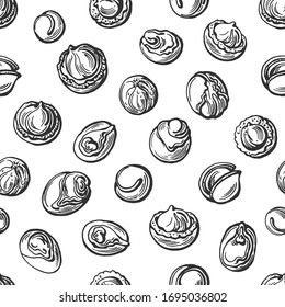 Shea nut seamless pattern. Vector hand drawind illustration in vintage style. Karite natural food, organic cosmetic. Ink engraving sketch on white background. Texture graphic print
