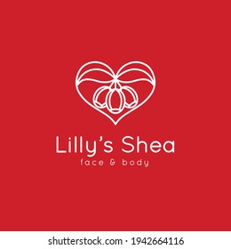 Shea nuts with leaves and heart shape logo design. Shea butter. Vitellaria paradoxa. Natural, organic cosmetics and medical plant - Illustration svg