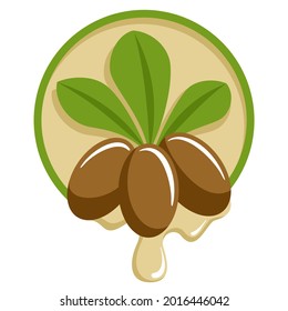 Shea Oil icon - nuts and leaves with drops of liquid extract. 