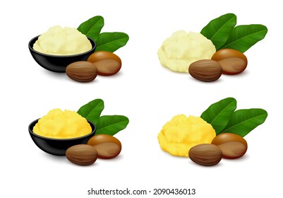 Shea (Vitellaria paradoxa) butter in various colors (ivory, yellow) with nuts (shelled, unshelled) and leaves isolated on white background. Side view. Realistic vector illustration. svg
