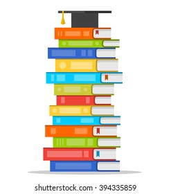 Sheaf of colorful books with square academic cap on top of it. Vector flat design style illustration