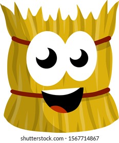 Sheaf of hay. Countryside mascot of Stack of wheat ears. Yellow dried plant with happy face and eye. Production of natural food on the farm. Cartoon flat illustration. Village harvest