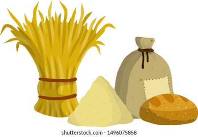 Sheaf of hay. Countryside is a Stack of wheat ears. Production of natural food on farm. Burlap bag of flour. Production cycle of Rustic bread. Village harvest