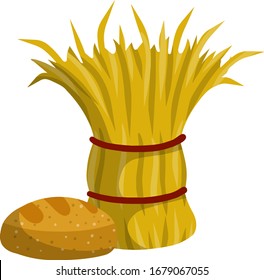 Sheaf of hay. Countryside Stack of wheat ears. Village harvest. Production of natural food on farm. Rustic bread.