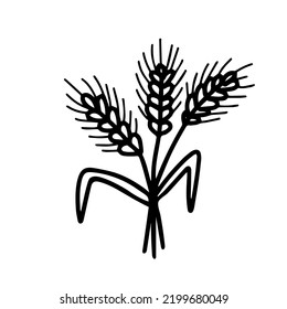Sheaf of wheat ears doodle vector illustration. Hand drawn rye barley cereals crop black and white sketch, symbol, sign, icon, pictogram, emblem, product, logo