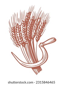 Sheaf of wheat and sickle. Cooking and baking flour, food ingredients. Agriculture, farm concept. Vector illustration