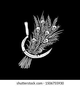 
Sheaf of wheat with skulls and sickle. Design for t-shirts, stickers and more. Vector.