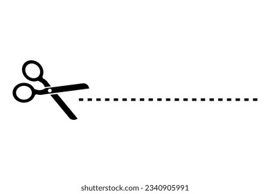 Shear mark. Scissor with dot line. Dotted outline on paper. Scissor with ribbon for design dash border page. Vector illustration. Eps 10.