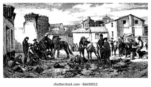 The shearers Granada, paint Worms. - Drawing J. Lavee. - (This table belongs to MM. Goupil and Co.), vintage engraved illustration. Magasin Pittoresque 1874.