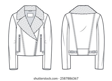 Shearling Aviator Jacket Technical Fashion Illustration. Leather Jacket with Fur Collar fashion flat technical drawing template, pockets, front and back view, white, women, men, unisex CAD mockup.