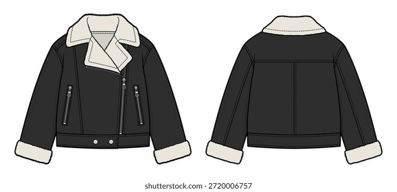Shearling Biker Jacket Ilustración de moda técnica. Chaqueta corta Moto con cuello y puños de piel sintética, cierre de cremallera asimétrica y bolsillos con cremallera. Vistas frontal y posterior. Ropa exterior de mujer. Conjunto de maquetas CAD.