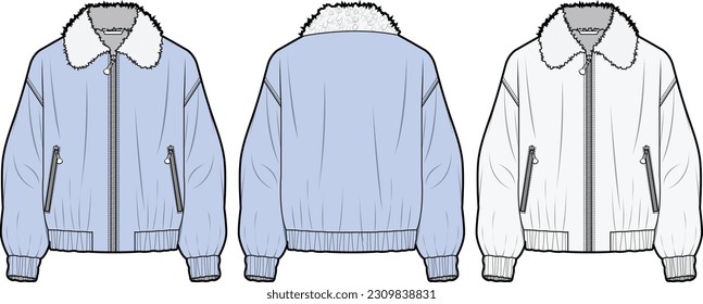 SHEARLING COLLAR BOMBER front and back flat sketch technical drawing vector illustration template