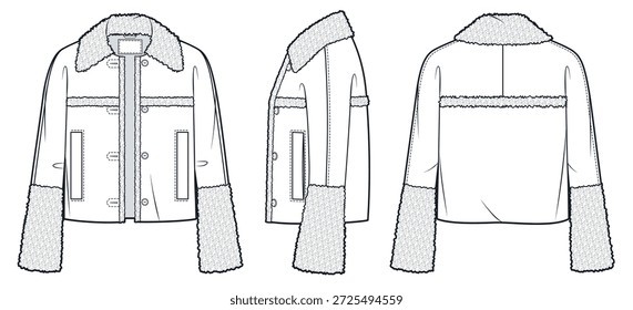 Shearling Jacke technische Mode Illustration. Faux Fur Winter Coat Fashion Flat Technical Drawing Template, Schlagarm, Taschen, Vorder-, Seiten- und Rückansicht, weiß, Frauen, Männer, Unisex CAD Mockup.