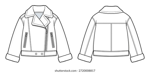 Shearling Moto Jacket Ilustración de moda técnica. Chaqueta biker ajustada con cuello y puños de piel, cierre de cremallera en ángulo, bolsillos con cremallera. Vistas frontal y posterior. Ropa exterior de mujer. Conjunto de maquetas CAD.