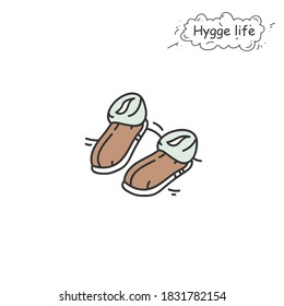 Shearling slippers color icon. Coziness, hominess atmosphere in simple things. Hygge life. Cozy home footwear. Scandinavian home clothes concept. Isolated vector illustration 