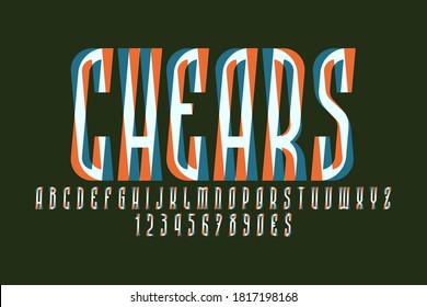 Shears artistic display font. Shifted orange blue white letters, numbers and currency signs. Isolated english alphabet. Vector lettering.