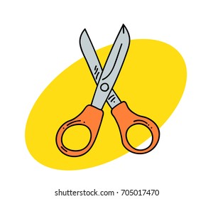 Shears cartoon hand drawn image. Original colorful artwork, comic childish style drawing.