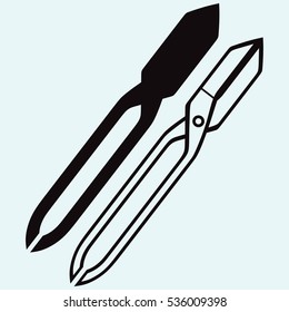 Shears for cutting sheet metal. Isolated on blue background. Vector silhouettes