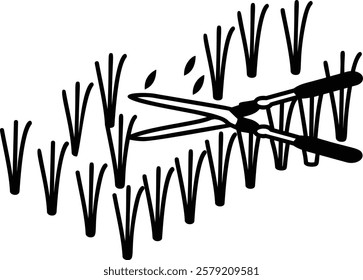 shears cutting shrubs from form field isometric outline concept, secateurs vector icon design, Lawn and Gardening symbol, Farm and Plant sign, agriculture and horticulture equipment