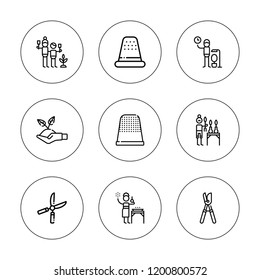 Shears icon set. collection of 9 outline shears icons with gardener, gardening, shears, pruner icons. editable icons.