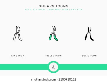Shears Icons setzen Vektorgrafik mit soliden Symbollinien. Konzept der Pflanzengärtnerei. Bearbeitbares Strichsymbol auf isoliertem Hintergrund für Webdesign, Benutzeroberfläche und mobile App
