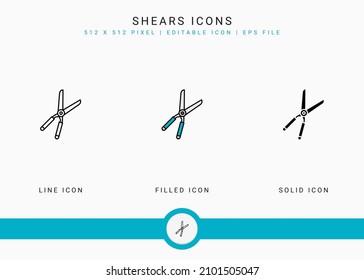 Shears icons set vector illustration with solid icon line style. Plant gardening agriculture concept. Editable stroke icon on isolated background for web design, user interface, and mobile app