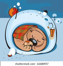 The she-bear and bear cub sleep in the winter in a den. Cartoon