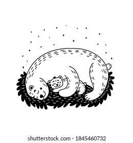 The she-bear and the bear cub are sleeping. Mom and baby bear are hugging. Black and white vector illustration