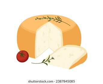 Shebolili Suluguni, Exótico Sakartvelo Queso ahumado.Queso gourmet con agujeros y burbujas.Pieza cortada de deliciosos quesos suaves.Ilustración vectorial plana de la comida delicatessen aislada, fondo blanco