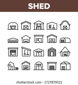 Shed Construction Collection Icons Set Vector. Shed Building For Storaging Pitchfork And Rake, Shovels And Trolley, Falling Apart Storage Concept Linear Pictograms. Monochrome Contour Illustrations