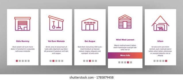 Shed Construction Onboarding Mobile App Page Screen Vector. Shed Building For Storaging Pitchfork And Rake, Shovels And Trolley, Falling Apart Storage Illustrations
