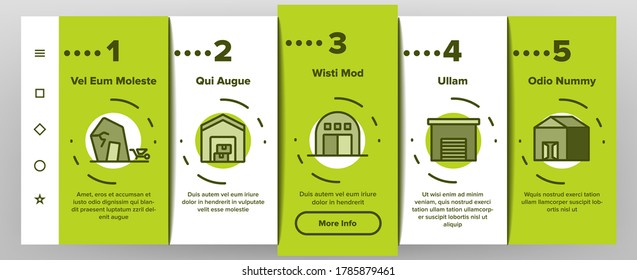 Shed Construction Onboarding Mobile App Page Screen Vector. Shed Building For Storaging Pitchfork And Rake, Shovels And Trolley, Falling Apart Storage Illustrations