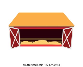 Shed for cows of red color and yellow roof. Hay inside. Barn with open doors. Vector graphics.