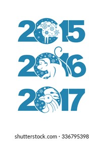 Sheep 2015. Monkey 2016. Rooster 2017. Symbols of the years.